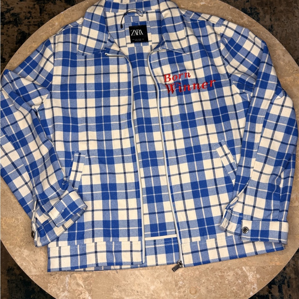 Zara Blue and White Lightweight Shirt Jacket Casual Style